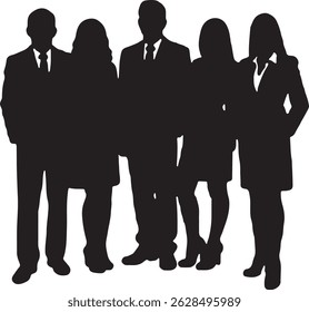 Vector silhouettes of men and women, depicting a group of standing business professionals in various poses, shown in black on a white background
