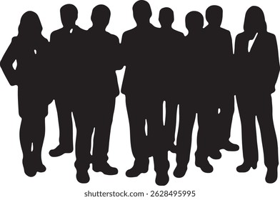 Vector silhouettes of men and women, depicting a group of standing business professionals in various poses, shown in black on a white background
