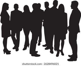 Vector silhouettes of men and women, depicting a group of standing business professionals in various poses, shown in black on a white background
