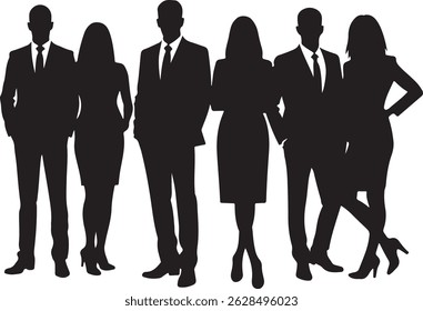Vector silhouettes of men and women, depicting a group of standing business professionals in various poses, shown in black on a white background
