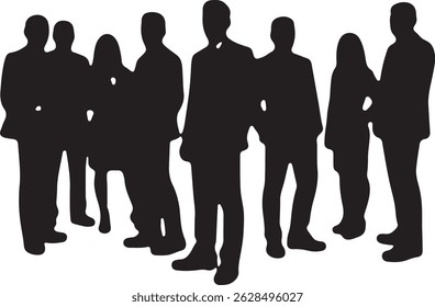 Vector silhouettes of men and women, depicting a group of standing business professionals in various poses, shown in black on a white background
