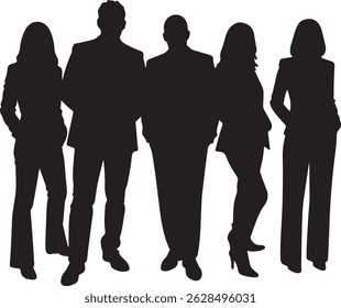 Vector silhouettes of men and women, depicting a group of standing business professionals in various poses, shown in black on a white background
