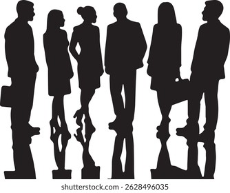 Vector silhouettes of men and women, depicting a group of standing business professionals in various poses, shown in black on a white background
