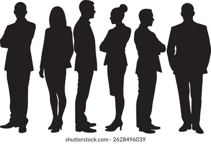 Vector silhouettes of men and women, depicting a group of standing business professionals in various poses, shown in black on a white background
