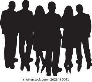Vector silhouettes of men and women, depicting a group of standing business professionals in various poses, shown in black on a white background
