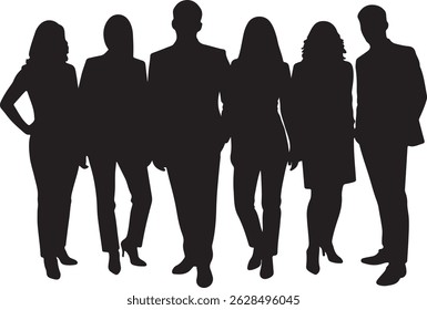 Vector silhouettes of men and women, depicting a group of standing business professionals in various poses, shown in black on a white background
