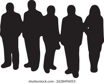 Silhuetas vetoriais de homens e mulheres, representando um grupo de profissionais de negócios em pé em várias poses, mostradas em preto sobre um fundo branco
