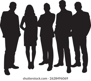 Silhuetas vetoriais de homens e mulheres, representando um grupo de profissionais de negócios em pé em várias poses, mostradas em preto sobre um fundo branco
