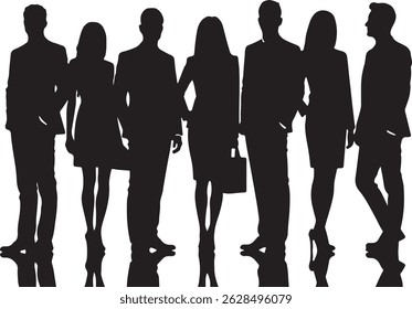 Vector silhouettes of men and women, depicting a group of standing business professionals in various poses, shown in black on a white background
