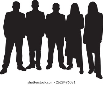 Vector silhouettes of men and women, depicting a group of standing business professionals in various poses, shown in black on a white background
