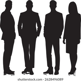 Vector silhouettes of men and women, depicting a group of standing business professionals in various poses, shown in black on a white background
