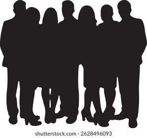 Vector silhouettes of men and women, depicting a group of standing business professionals in various poses, shown in black on a white background
