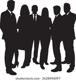 Vector silhouettes of men and women, depicting a group of standing business professionals in various poses, shown in black on a white background
