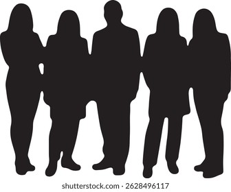 Vector silhouettes of men and women, depicting a group of standing business professionals in various poses, shown in black on a white background
