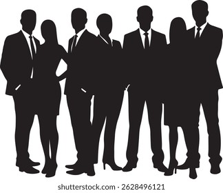 Vector silhouettes of men and women, depicting a group of standing business professionals in various poses, shown in black on a white background
