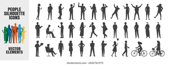 Vector silhouettes of men and a women. Silhouettes of Diverse Business People in Various Poses. Men and Women Standing, Walking, Talking. Vector Set on Transparent Background