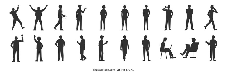 Vector silhouettes of men and a women. Silhouettes of Diverse Business People in Various Poses. Men and Women Standing, Walking, Talking. Vector Set on Transparent Background