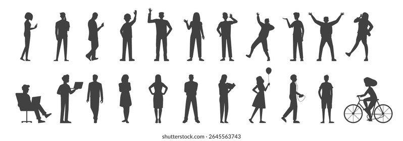Vector silhouettes of men and a women. Silhouettes of Diverse Business People in Various Poses. Men and Women Standing, Walking, Talking. Vector Set on Transparent Background