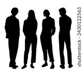 Vector silhouettes of  men and a women, a group of standing   business people, profile, black  color isolated on white background