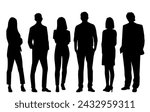 Vector silhouettes of  men and a women, a group of standing   business people, profile, black  color isolated on white background