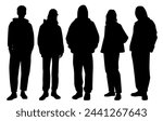 Vector silhouettes of  men and women, a group of standing business people, students in hoodie, profile, black  color isolated on white  background
