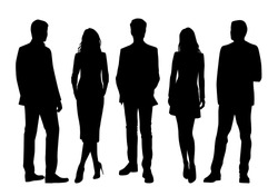 Vector Silhouettes Of  Men And A Women, A Group Of Standing Business People, Black Color Isolated On White Background