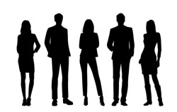 Vector Silhouettes Of  Men And A Women, A Group Of Standing  Business People, Black  Color Isolated On White Background