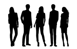 Vector Silhouettes Of  Men And A Women, A Group Of Standing  Business People, Black  Color Isolated On White Background