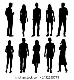 Vector silhouettes of  men and a women, a group of standing business people, black color isolated on white background