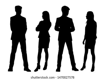 Vector silhouettes of  men and a women, a group of standing business people, black color isolated on white background