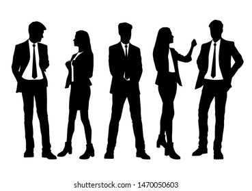 Vector silhouettes of  men and a women, a group of standing business people, black color isolated on white background