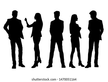 Vector silhouettes of  men and a women, a group of standing business people, black color isolated on white background