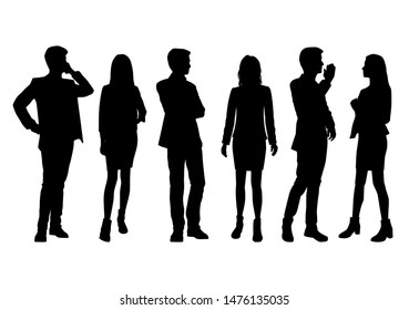 Vector silhouettes of  men and a women, a group of standing business people, black color isolated on white background