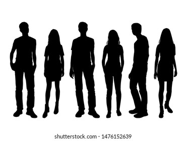 Vector silhouettes of  men and a women, a group of standing business people, black color isolated on white background