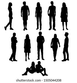 Vector silhouettes of  men and a women, a group of standing and sitting  business people, black color isolated on white background