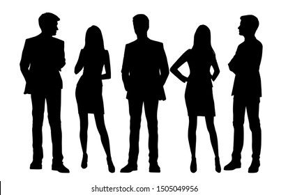 Vector silhouettes of  men and a women, a group of standing business people, black color isolated on white background