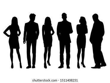 Vector silhouettes of  men and a women, a group of standing business people, black color isolated on white background