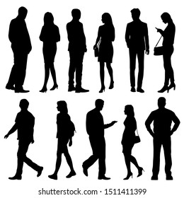 Vector silhouettes of  men and a women, a group of standing business people, black color isolated on white background