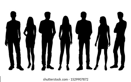 Vector silhouettes of  men and a women, a group of standing business people, black color isolated on white background