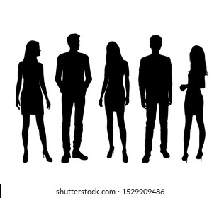 Vector silhouettes of  men and a women, a group of standing business people, black color isolated on white background