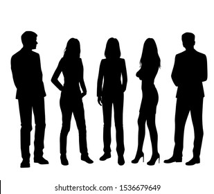 Vector silhouettes of  men and a women, a group of standing business people, black color isolated on white background