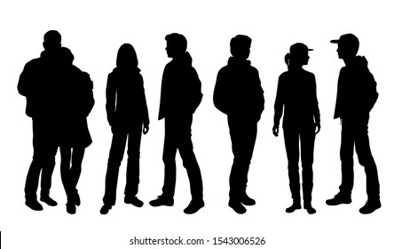 Vector silhouettes of  men and a women, a group of standing business people,couple and profile,  black color isolated on white background