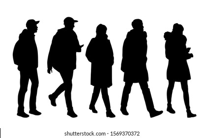 Vector silhouettes of  men and a women, a group of standing and walking business people, black color isolated on white background