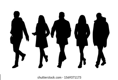Vector silhouettes of  men and a women, a group of standing and walking business people, black color isolated on white background