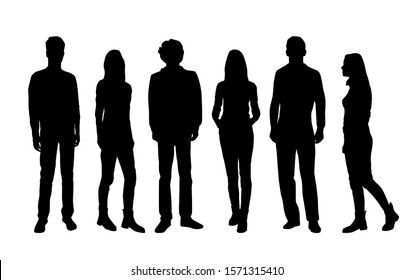 Векторные силуэты мужчин и женщин, группа стоящих и гуляющих деловых людей, черный цвет, изолированный на белом фоне