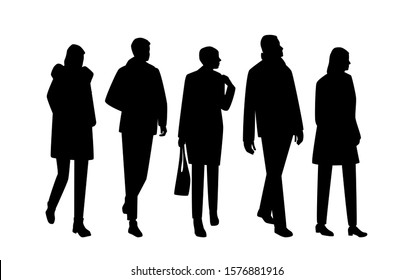 Vector silhouettes of  men and a women, a group of standing and walking business people, black color isolated on white background
