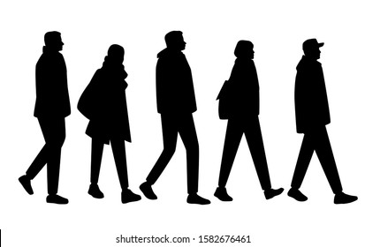 Vector silhouettes of  men and a women, a group of walking business people, black color isolated on white background