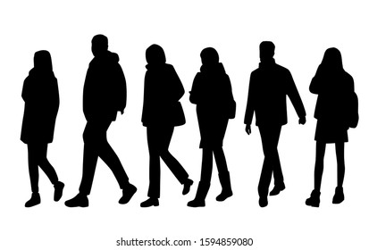 Vector silhouettes of  men and a women, a group of standing and walking  business people with backpack, black color isolated on white background