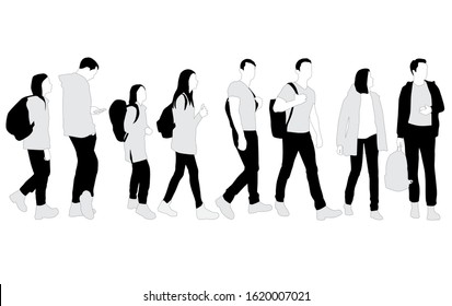 Vector silhouettes of  men and a women, a group of standing and walking  business people with backpack,  linear sketch, black color isolated on white background