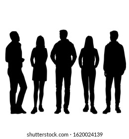 Vector silhouettes of  men and a women, a group of standing  business people, black color isolated on white background